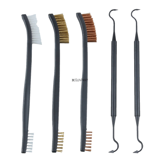 5er-Set Bürsten und Picks - Waffenreinigungsset mit Nylon-, Messing- und Stahlbürsten sowie zwei Reinigungs-Picks für präzise Waffenpflege.