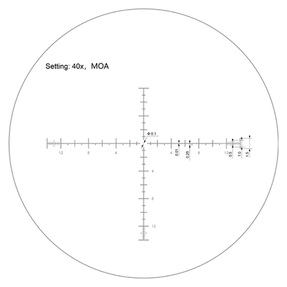 Absehenansicht des Continental x8 6-48x56 ED MIL Zielfernrohrs bei 40-facher Vergrößerung mit MOA-Skala für präzise Zielerfassung.