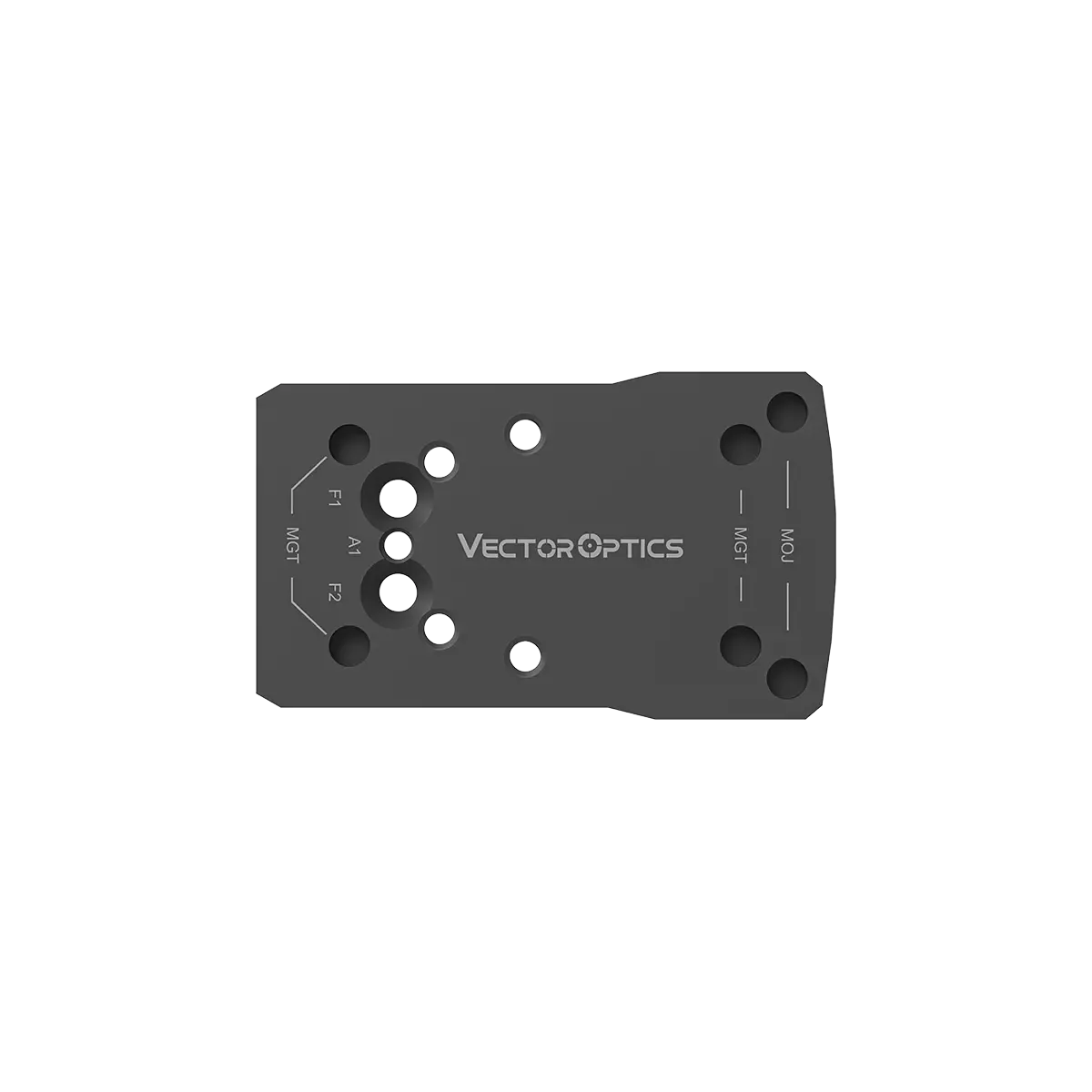 Oberansicht des SCFRM-GK11 Universaladapters für Glock Pistolen mit markierten Bohrungen für MGT, GIN und andere Optiken.