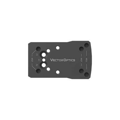 Oberansicht des SCFRM-GK11 Universaladapters für Glock Pistolen mit markierten Bohrungen für MGT, GIN und andere Optiken.