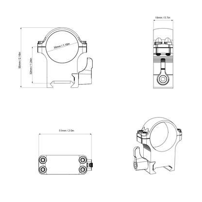 Technische Zeichnung des mittelhohen 30mm QD-Stahlrings XASR-SQ12 mit detaillierten Abmessungen. Kompatibel mit Optiken auf Picatinny-Schienen.