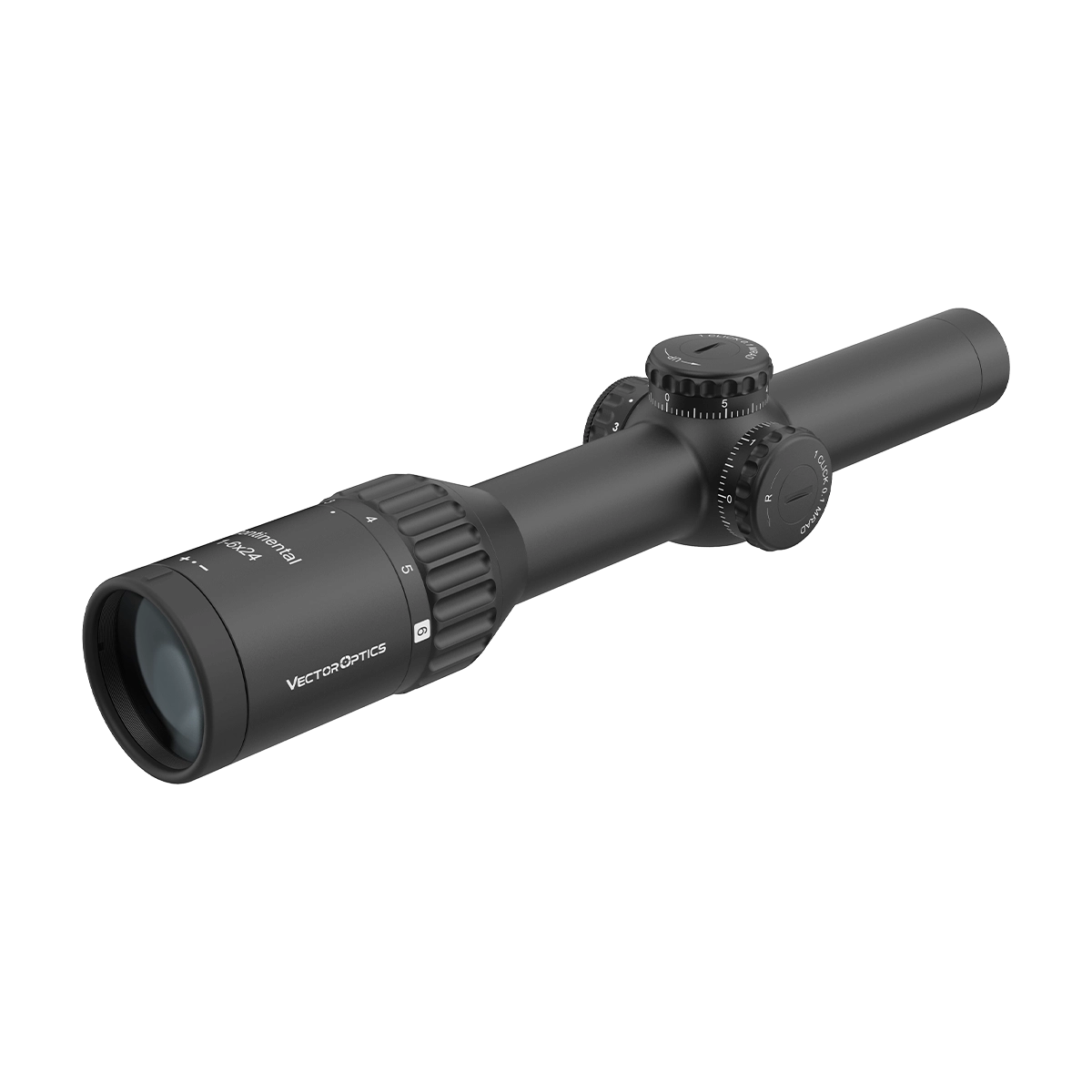 Taktisches Zielfernrohr Continental X6 1–6×24 mit IP67 Wasserdichtigkeit und 1-6x Vergrößerung, Rückansicht mit Okularfokus.