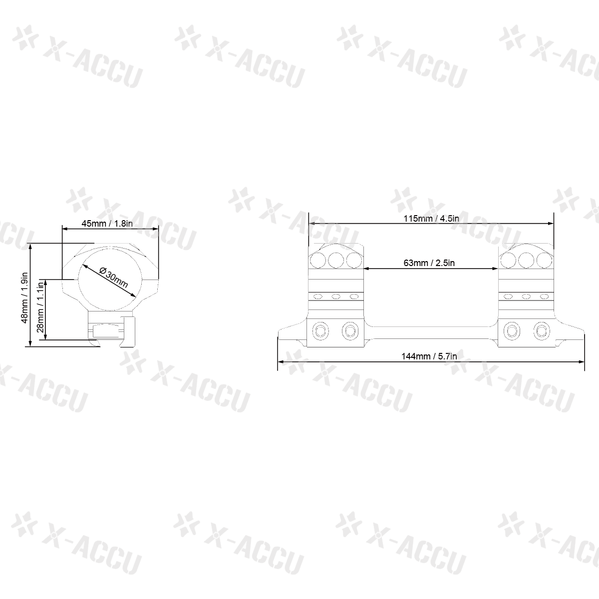 Technische Zeichnung der Blockmontage X-Accu mit Maßangaben, zeigt exakte Abmessungen für 30mm Tubus und 11mm Dovetail.