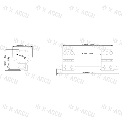 Technische Zeichnung der Blockmontage X-Accu mit Maßangaben, zeigt exakte Abmessungen für 30mm Tubus und 11mm Dovetail.
