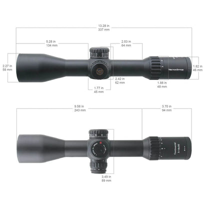Technische Zeichnung des Continental x6 3-18x50 FFP Zielfernrohrs mit Maßangaben für optimale Montage und Kompatibilität.