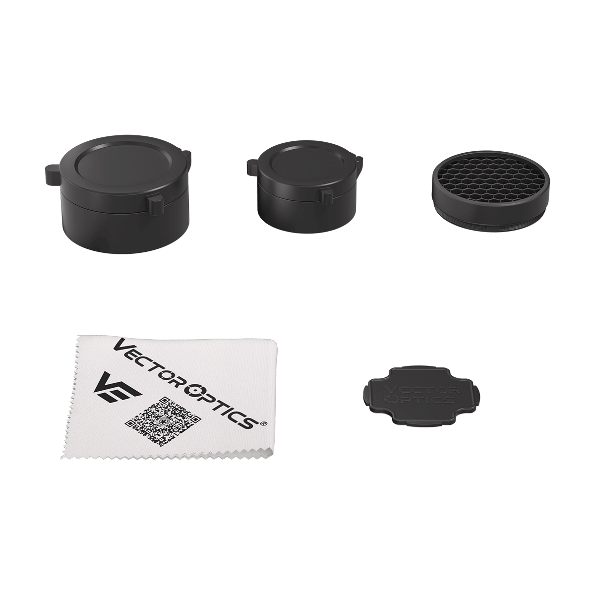Zubehörset für Veyron 4-16x44IR SCOL-48 inklusive Flip-Caps, Honeycomb-Filter, Reinigungstuch und Ersatzbatterieabdeckung.