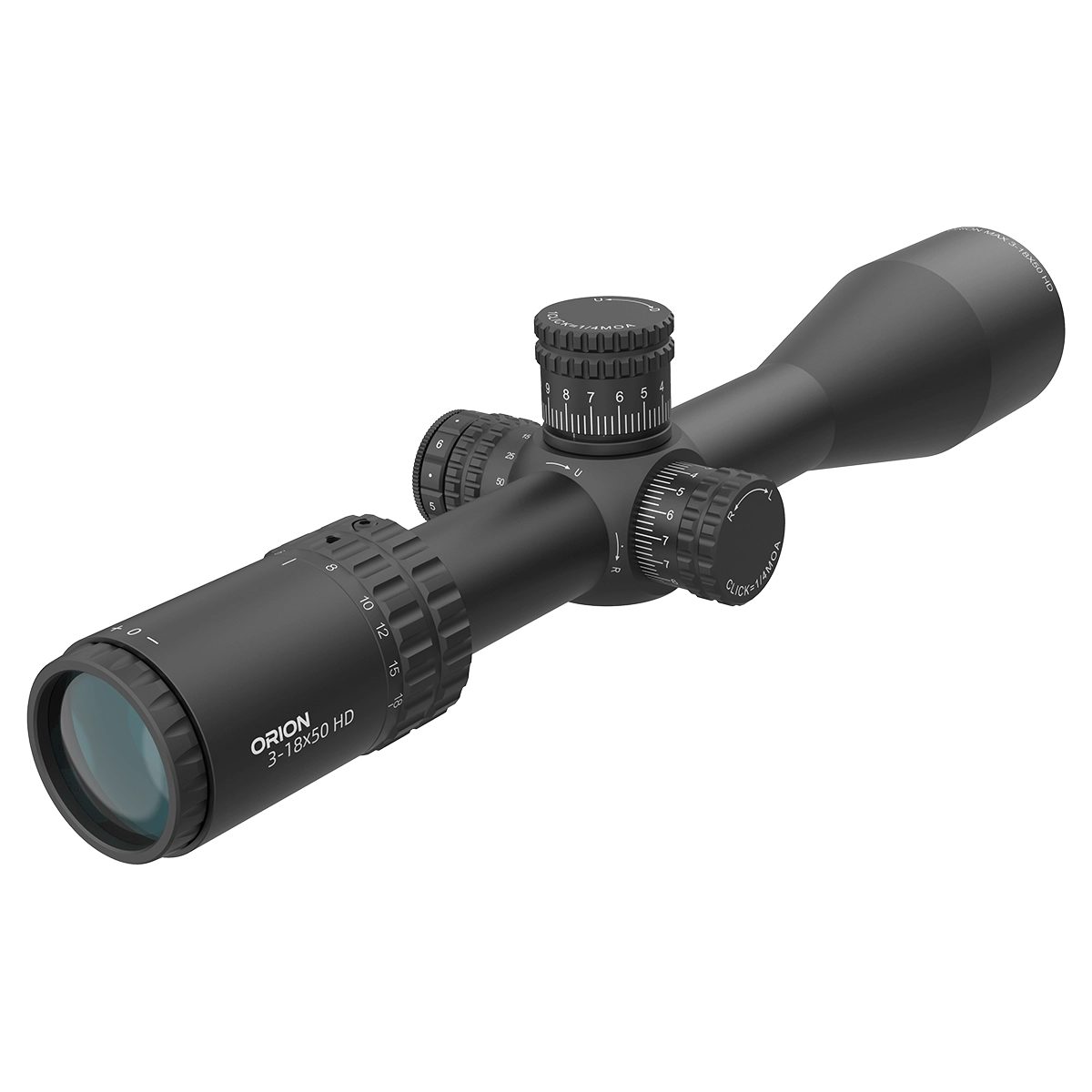 Detailansicht des Orion Pro 3-18x50 SFP Zielfernrohrs mit Vergrößerungsring und fein justierbaren Türmen für maximale Zielgenauigkeit.