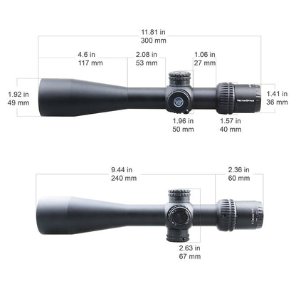 Technische Maße des Veyron 6-24x44 FFP Zielfernrohrs mit 300mm Länge, kompakt und leicht für vielseitige Montagemöglichkeiten auf Waffen.