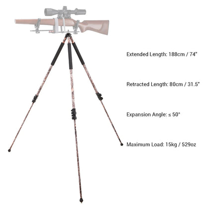 Technische Daten des Camo Dreibein SGGR-08 mit Gewehrhalterung – verstellbare Höhe bis 188 cm und Belastbarkeit bis 15 kg.