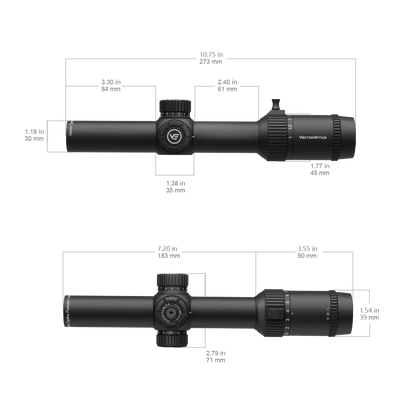 Technische Zeichnung des Forester 1–8×24 SFP Zielfernrohrs mit Maßangaben in Zoll und Millimeter für Montageplanung.