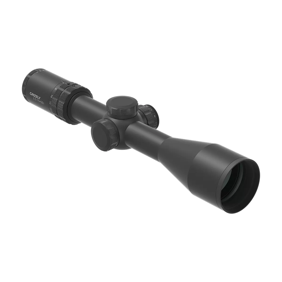 Seitlich geneigte Ansicht des Grizzly 2.5-15x50i HD Zielfernrohrs mit SFP-Absehen und robuster Bauweise für präzise Langstreckenschüsse.