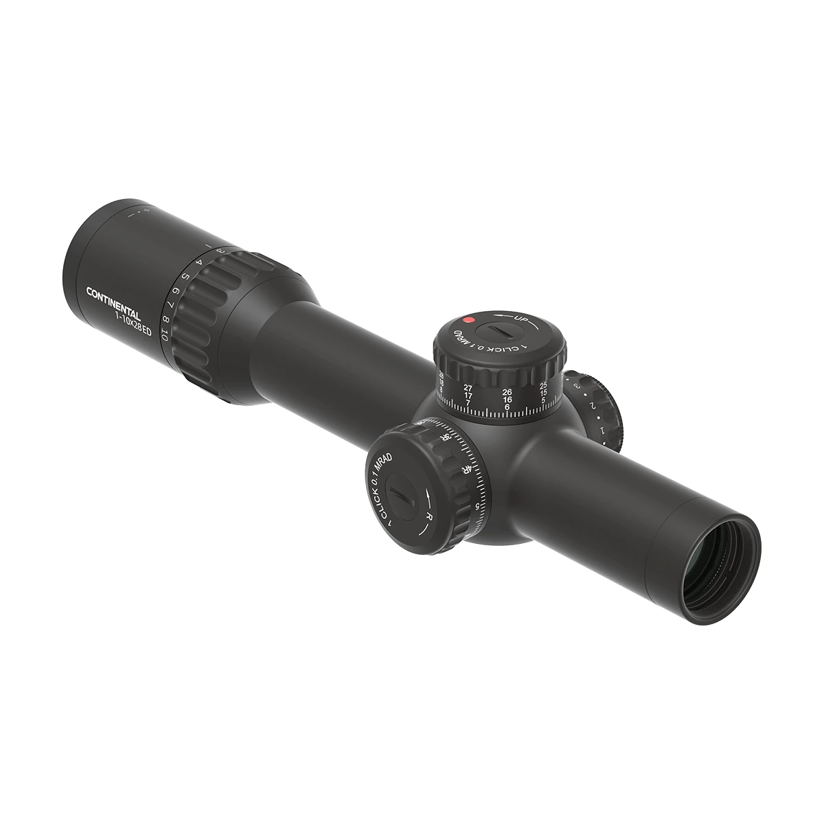 Vector Optics Continental x10 1-10x28 LPVO-Zielfernrohr mit taktischen Türmen und fein einstellbarem Zoom für präzises Zielen.