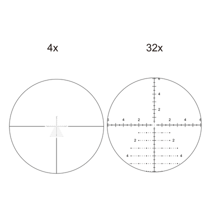 Absehen-Darstellung des Tauron 4-32x56 ED FFP Zielfernrohrs bei 4x und 32x Vergrößerung für präzise Zielerfassung auf jede Distanz.