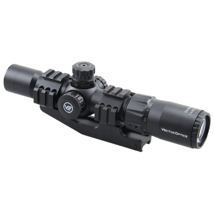 Vecoptics Mustang 1-4×30 SFP Zielfernrohr mit beleuchtetem Absehen und robuster Montage, perfekt für Jagd und taktische Anwendungen.