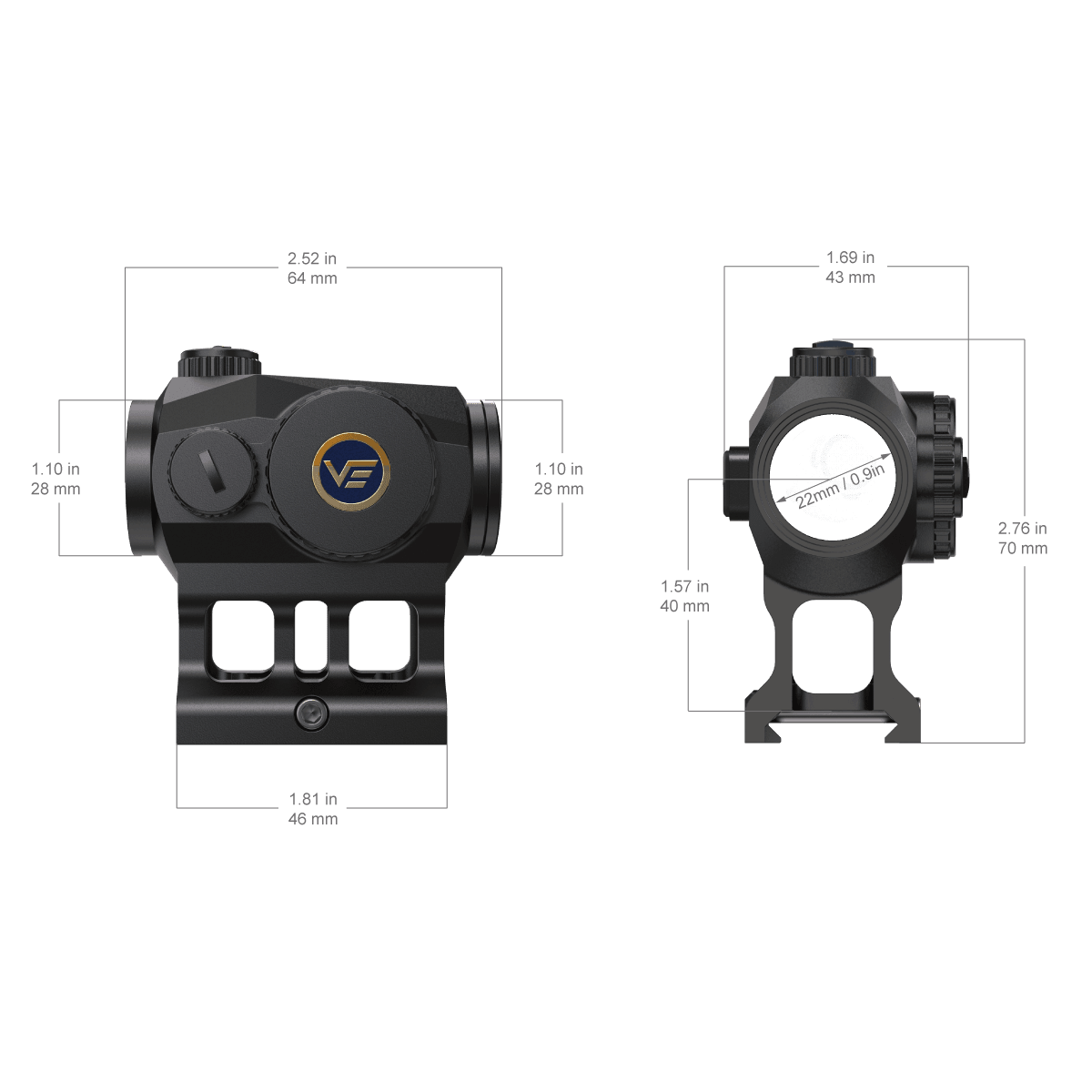 Technische Zeichnung des Scrapper 1×22 Red Dot Sights mit Maßangaben, zeigt kompaktes Design und Montagehöhe.