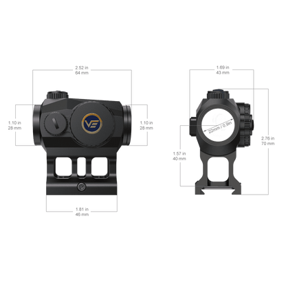 Technische Zeichnung des Scrapper 1×22 Red Dot Sights mit Maßangaben, zeigt kompaktes Design und Montagehöhe.