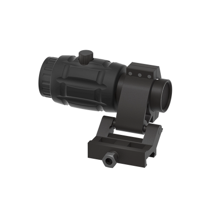 Rückansicht des 3x Magnifier Maverick SCMF-11 mit klappbarer Montage. Kompatibel mit Picatinny-Schienen für flexible Nutzung.