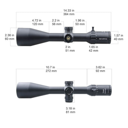 Technische Zeichnung des Paragon 5-25x56 GenII SFP Zielfernrohrs mit genauen Abmessungen für Montage und Kompatibilität.