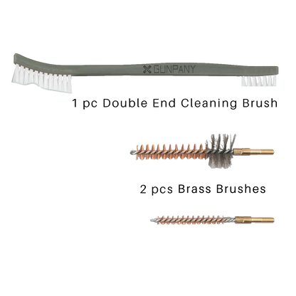 AR15 Reinigungsset mit doppelendiger Nylonbürste und zwei Messingbürsten für effektive Waffenreinigung von AR15/M16 Gewehren.