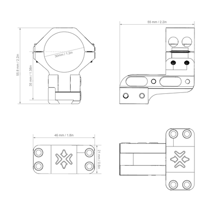 Technische Zeichnung der höhenverstellbaren Alu-Ringe 30mm Cantilever mit 11mm Dovetail, inklusive präziser Maße für optimale Passform.