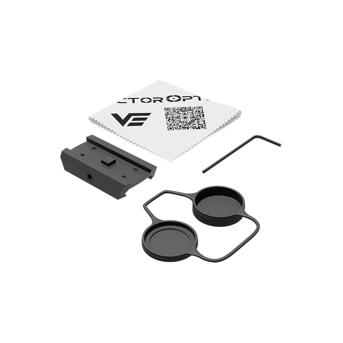 Lieferumfang des Scrapper 1x25 Red Dot Sights inklusive Montageplatte, Reinigungstuch, Inbusschlüssel und Linsenschutzkappen.