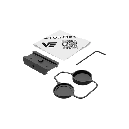 Lieferumfang des Scrapper 1x25 Red Dot Sights inklusive Montageplatte, Reinigungstuch, Inbusschlüssel und Linsenschutzkappen.