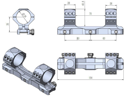 Detailzeichnung der 20MOA Picatinny Blockmontage X-Accu mit 154mm Gesamtlänge und 34mm Ringdurchmesser, ideal für Langstrecken-Zielfernrohre.