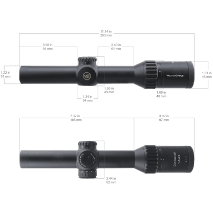 Technische Zeichnung des Continental X6 1–6×24 Tactical Zielfernrohrs mit genauen Abmessungen für Montage und Kompatibilität.