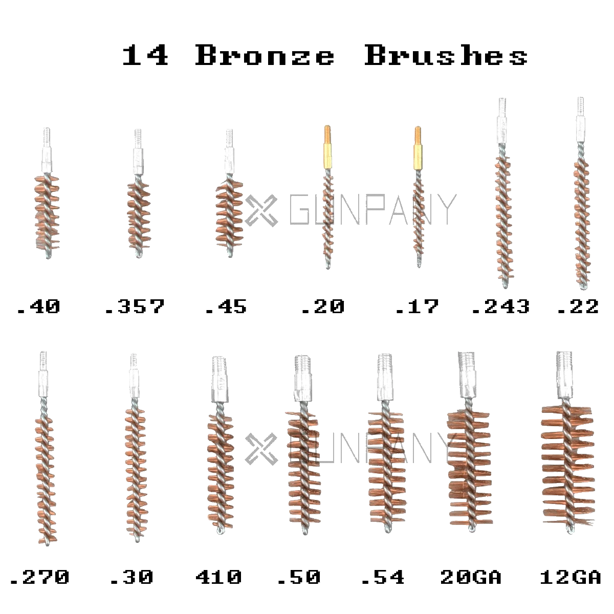 13 Bronzebürsten im Waffenreinigungsset 62tlg – verschiedene Kalibergrößen für präzise Laufreinigung von Pistolen und Gewehren.