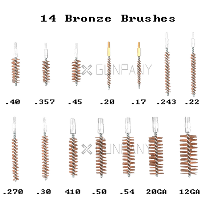 13 Bronzebürsten im Waffenreinigungsset 62tlg – verschiedene Kalibergrößen für präzise Laufreinigung von Pistolen und Gewehren.