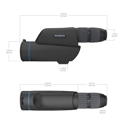 Technische Zeichnung des Vector Optics Continental 12-40x60ED Spektivs mit Maßangaben für taktisches Schießen.