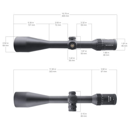 Technische Zeichnung des Continental x6 5-30x56 SFP Zielfernrohrs mit genauen Abmessungen für optimale Montage auf Jagdwaffen.