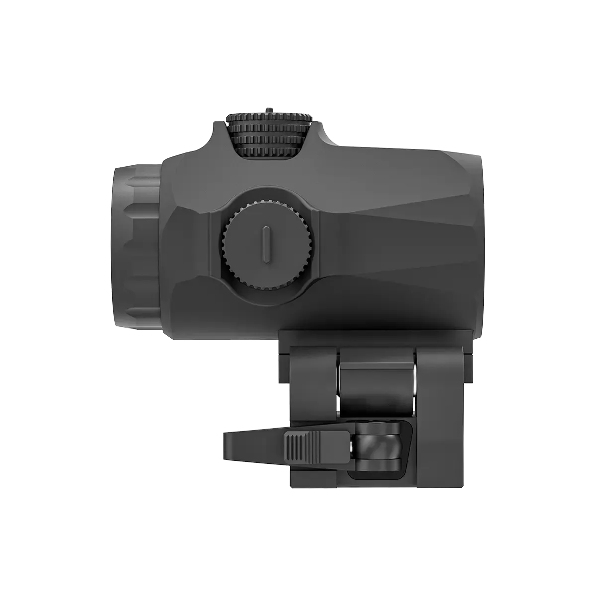 Seitenprofil des Maverick-IV 3x22 Magnifier mit Schnellspannmontage, optimiert für Waffenvisiere und Zielgenauigkeit.