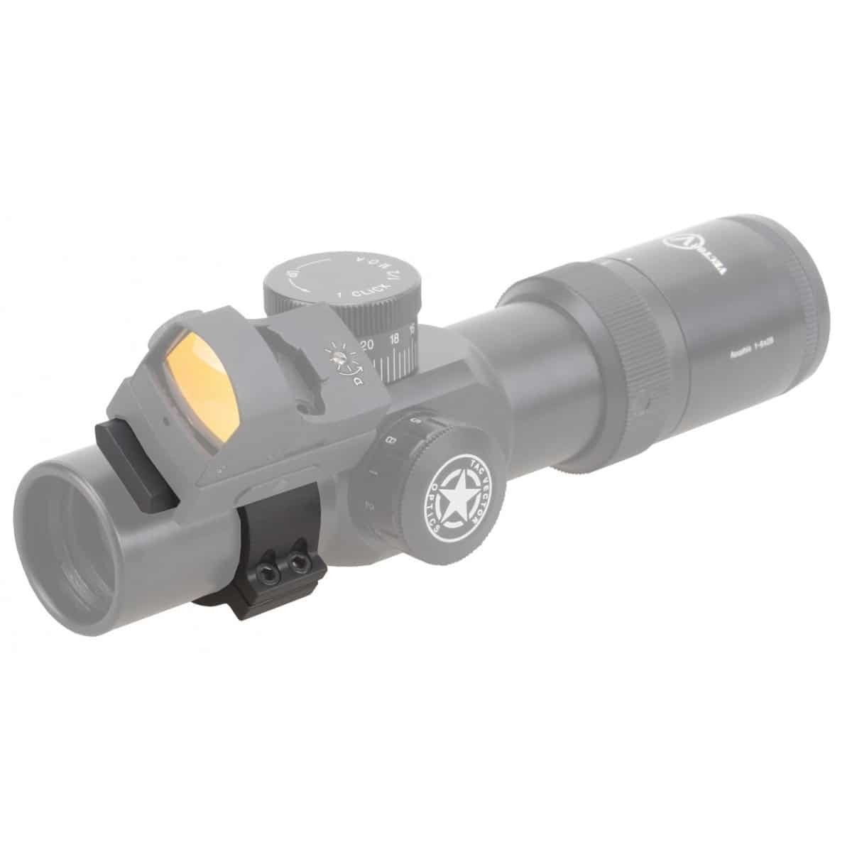 Montierter Picatinnymontage 34mm Tubus SCTM-28 mit Red Dot auf Zielfernrohr, ideal für taktische Anwendungen und Zubehörintegration.