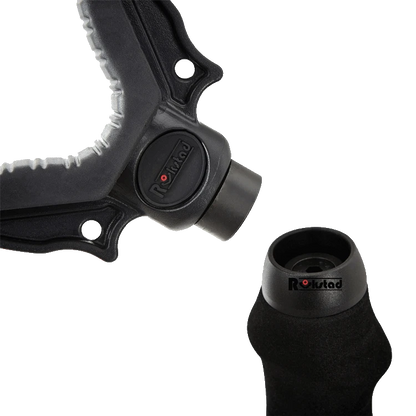 Nahaufnahme des 360° drehbaren V-Mounts und Magnetverschlusses des Monopod RSGR-01. Perfekt für flexible Waffenpositionierung.