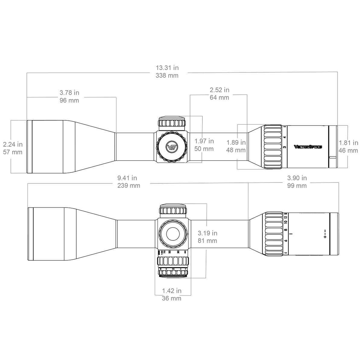 Technische Zeichnung des Vector Optics Continental x6 3-18x50 mit Maßangaben zur Länge und Objektivgröße für Waffenmontage.