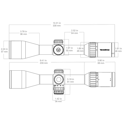 Technische Zeichnung des Vector Optics Continental x6 3-18x50 mit Maßangaben zur Länge und Objektivgröße für Waffenmontage.