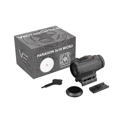 Lieferumfang des Prismenvisiers 3x18 Micro Paragon inklusive Box, Montagezubehör und Killflash für professionelle Optiklösungen.