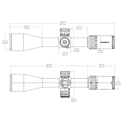 Technische Zeichnung des Tauron 4-16x44 SFP SCOL-45 Zielfernrohrs mit Maßangaben für Montage und Kompatibilität.