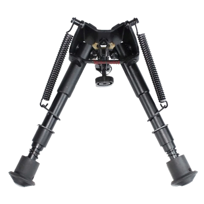 Zweibein Aluminium für Waffen in geöffneter Position mit Gummifüßen und Federmechanismus, kompakt und stufenverstellbar für präzises Schießen.