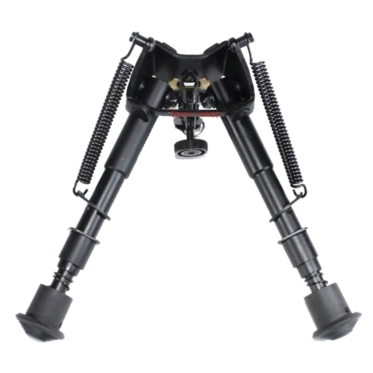 Zweibein Aluminium für Waffen in geöffneter Position mit Gummifüßen und Federmechanismus, kompakt und stufenverstellbar für präzises Schießen.