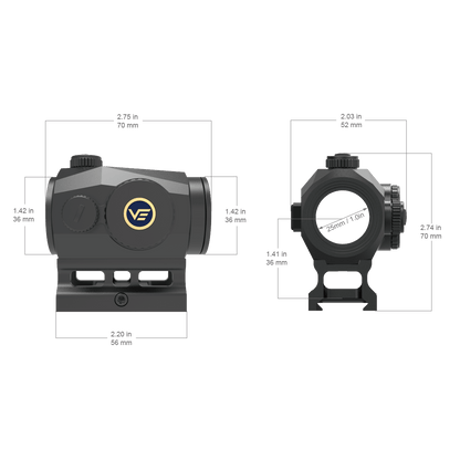 Technische Zeichnung des Scrapper 1x25 Red Dot Sights mit Maßen und 25mm Linse, ideal für präzise Montageplanung.