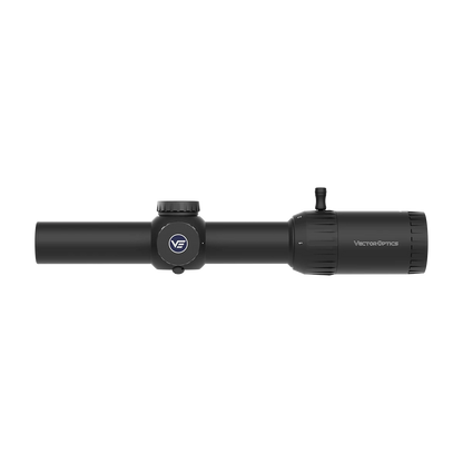 Profilansicht des Constantine 1-8x24 FFP Zielfernrohrs mit Vector Optics Logo, ideal für präzise Zielverfolgung bei Jagdanwendungen.