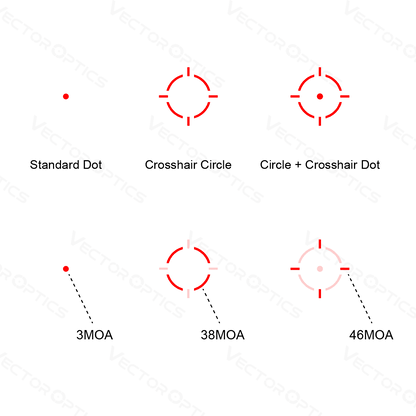 Frenzy-X 1×19×26 GenII - Vector Optics | Auswahl an Absehen-Typen mit 3MOA Punkt, 38MOA Kreis und 46MOA Kombination für flexible Zieloptionen.