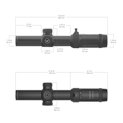 Technische Zeichnung des Forester 1–5×24 SFP Zielfernrohrs mit genauen Maßangaben für Montage und Kompatibilität.