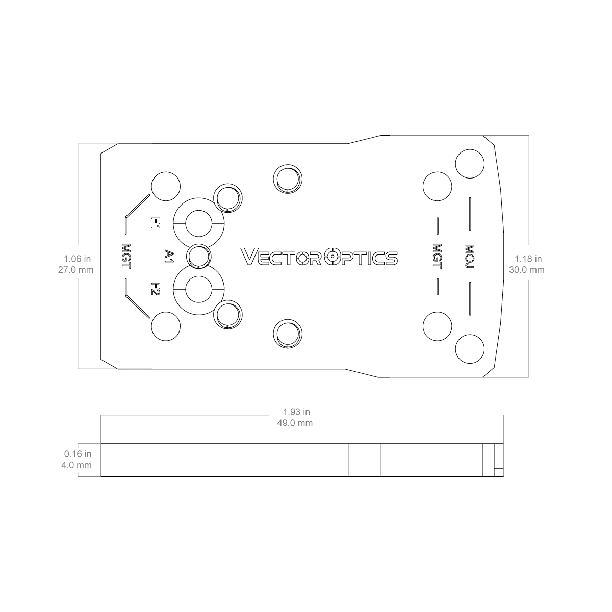 Technische Zeichnung des SCFRM-GK11 Universaladapters für Glock Pistolen mit Maßangaben zur präzisen Optiken-Montage.