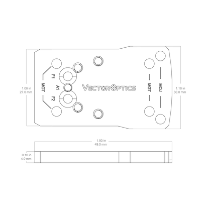 Technische Zeichnung des SCFRM-GK11 Universaladapters für Glock Pistolen mit Maßangaben zur präzisen Optiken-Montage.