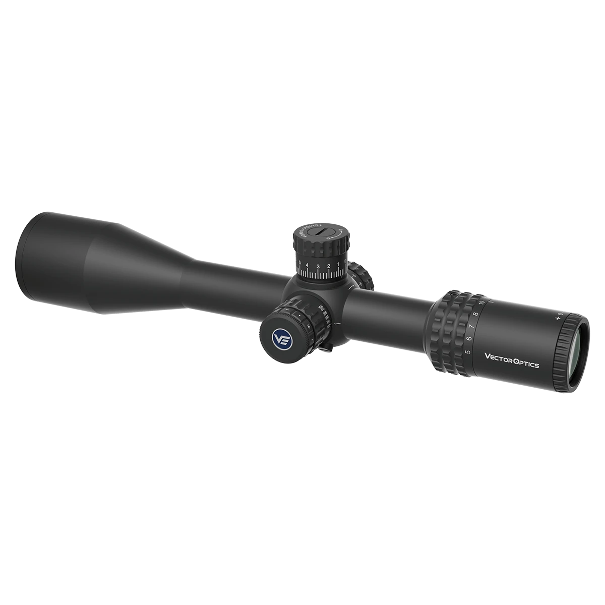Linke Seitenansicht des Sentinel 5-25x50 HD FFP Zielfernrohrs mit Vector Optics Logo und ergonomischem Design für präzise Zielverfolgung.
