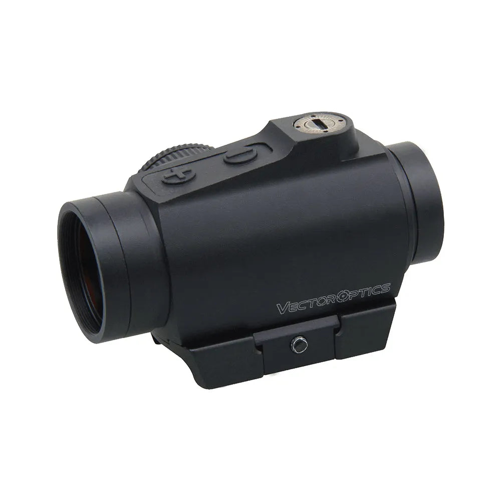 Rückansicht des Maverick IV 1×25 Mini (SCRD-51) Vector Optics Rotpunktvisiers mit Bedientasten für Helligkeitseinstellung.