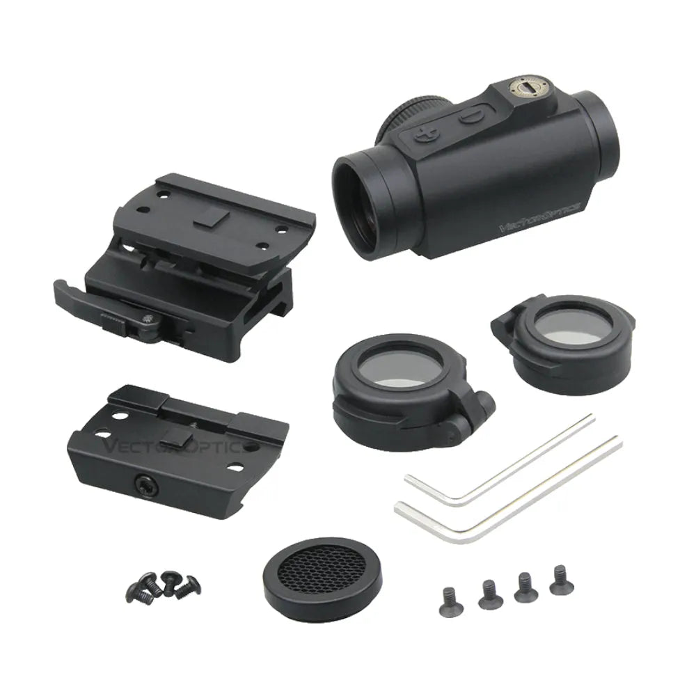 Lieferumfang des Maverick IV 1×25 Mini (SCRD-51) Vector Optics Rotpunktvisiers inklusive Montagen, Linsenschutz und Werkzeug.